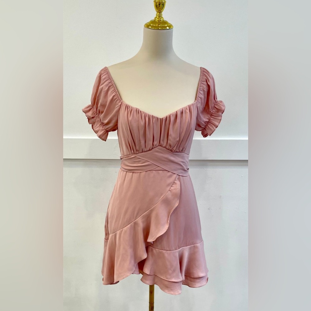(2583-09) A-LINE WAIST SHORT BUBBLE SLEEVE RUFFLE V-NECK MINI SUMMER DRESS - Picture 3 of 4